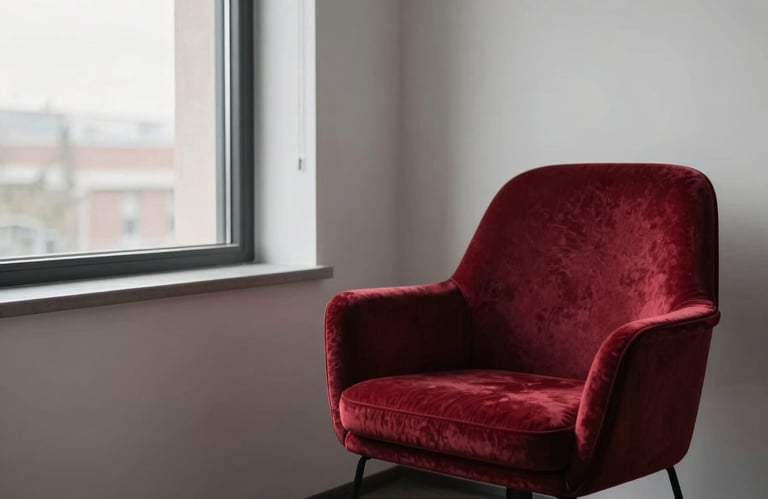 A minimalist agency office corner with a comfortable lounge chair in Deep Ripe Crimson velvet, next to a window with soft morning light.