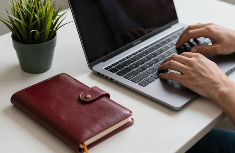 A close-up shot of hands working on a sleek laptop, with a Deep Ripe Crimson leather planner and a small Matte Forest Green plant nearby on a Crisp Parchment desk.