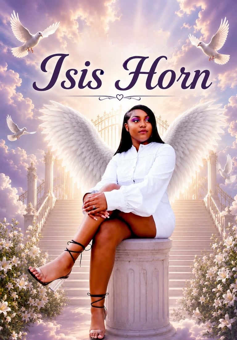Isis Horn memorial tribute image featuring a woman with angel wings sitting on a pillar at heaven's gates.