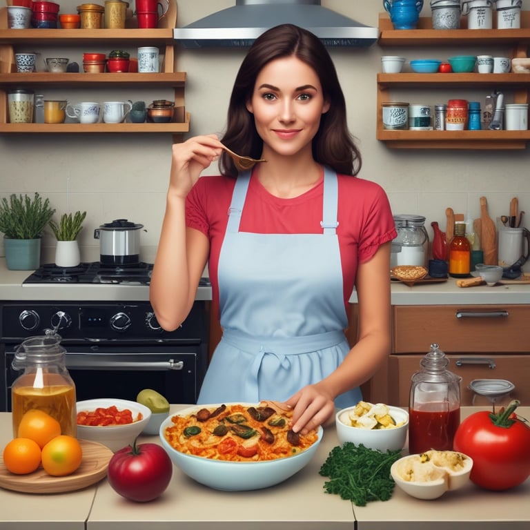 A smiling home chef in a blue apron tasting a fresh Mediterranean pasta dish in a modern kitchen.
