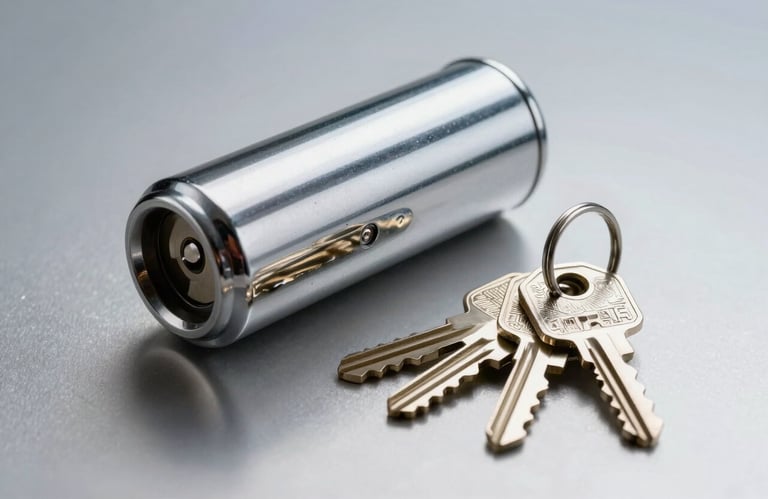 A macro shot of a shiny silver door lock cylinder with a bunch of metal keys on a clean silver background, sharp professional lighting.