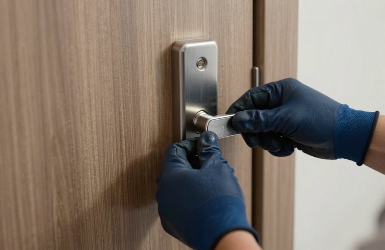 A close-up of a professional locksmith's hands in dark blue work gloves installing a high-security lock on a modern wooden door.