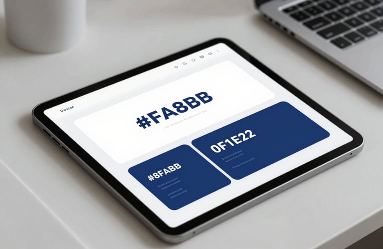A close-up of a designer's desk with a tablet showing UI wireframes in #8FA8B4 and #0F1E2E. Very clean, professional, and tech-forward.