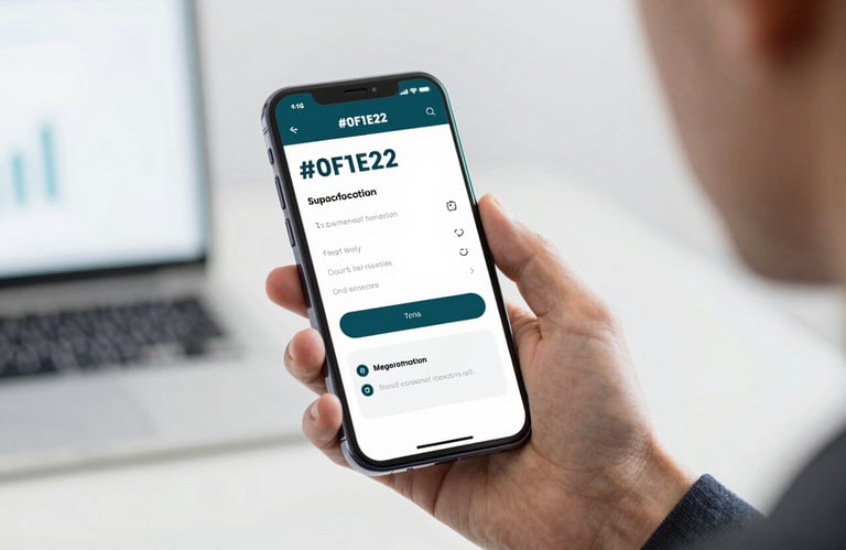 A smartphone held by a professional hand, showing a sleek, modern app interface with #0F1E2E accents, in a bright, modern office environment.
