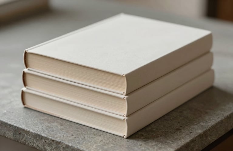 A stack of three minimalist books with soft off-white and light sand beige covers, arranged neatly on a stone gray surface in a North American / European setting.