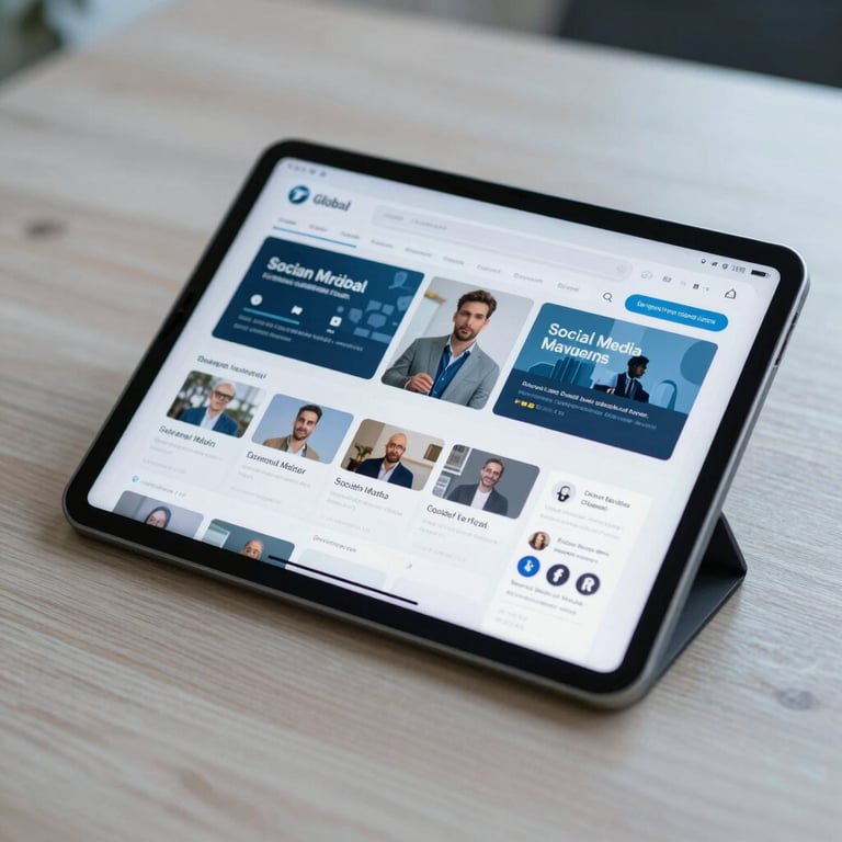 A sleek tablet displaying a professional social media management interface on a light wooden desk. Soft blue color palette. Spanish-speaking / Global.