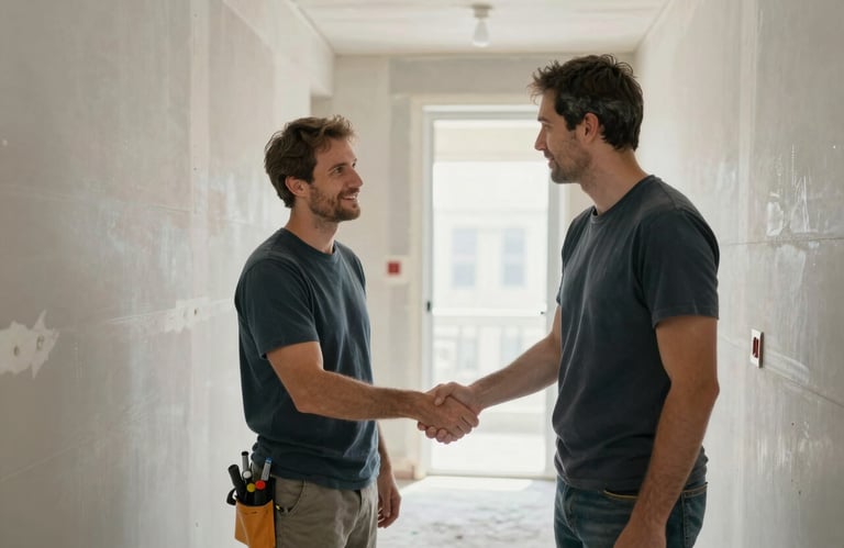 A professional drywall contractor shaking hands with a client in a modern North American / US hallway with freshly prepped walls.
