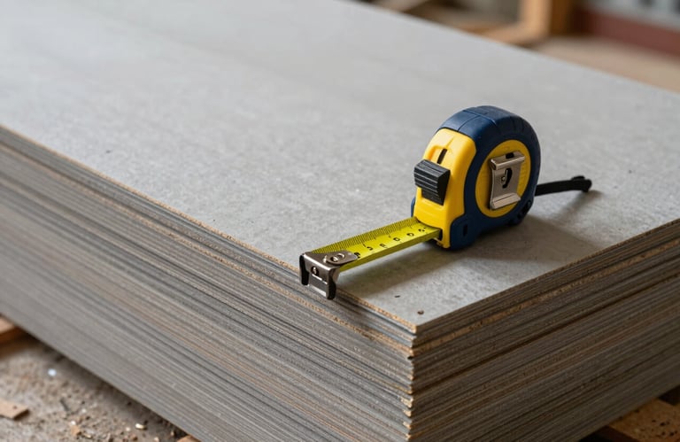 A professional-grade level and measuring tape resting on a stack of high-quality drywall boards at a clean North American / US job site. Palette includes steel grey and dark navy blue.