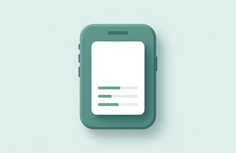 A minimalist 3D icon of a mobile phone screen with simple geometric shapes, emphasizing sleek UI design. Colors: #4A6D7C and #9CC0B9.