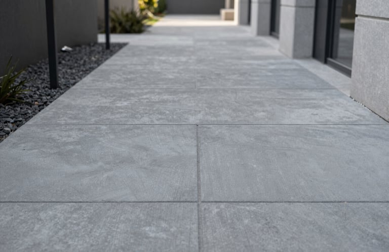 Overhead view of a perfectly finished stamped concrete walkway leading to a modern building, showing symmetry and precision in #5F746C.