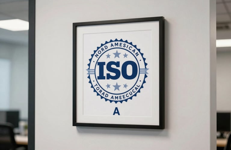 A sharp, clear photograph of a professional ISO certification seal in a simple frame on a clean white wall in a North American business setting.