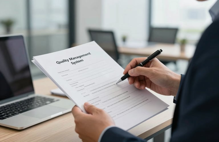 A person in professional business-casual attire reviewing quality management system documentation in a bright, modern Texas office environment.