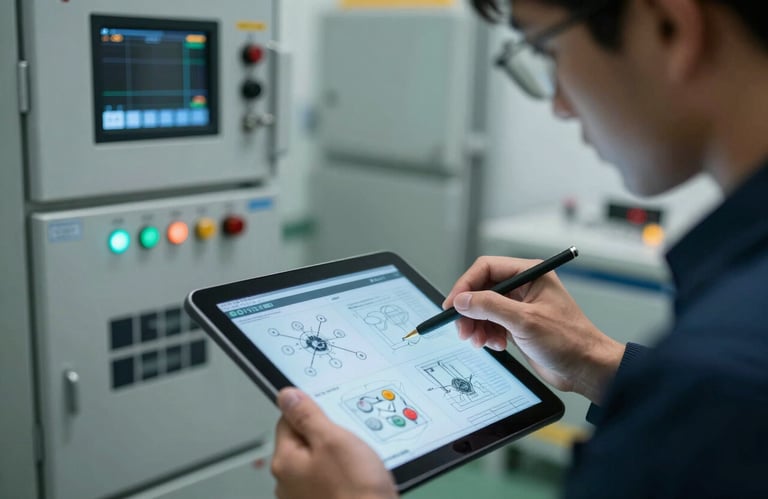 A specialist reviewing digital technical diagrams on a tablet next to high-voltage equipment, reflecting a soft ice blue light on a professional setting.