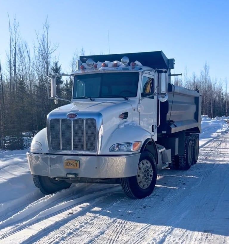White Peterbilt dump truck parked on a snowy winter road with forest background.