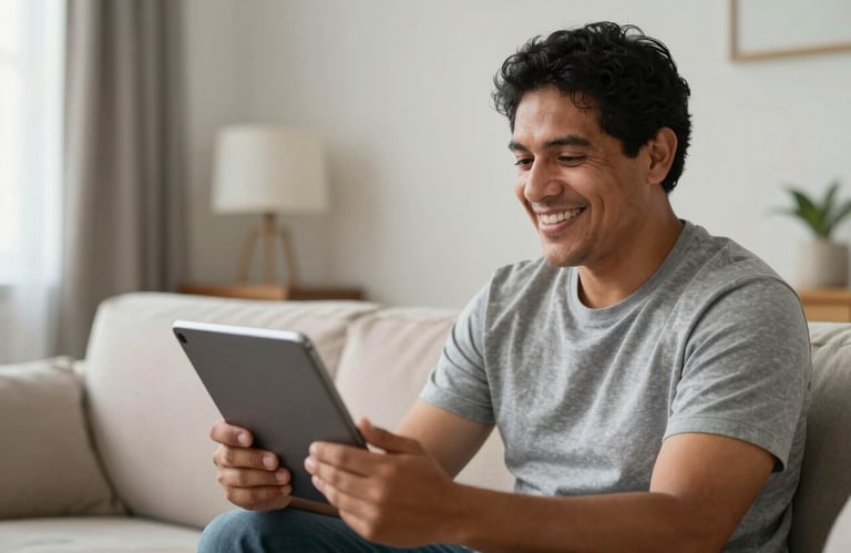 A South American man in a bright living room smiling while using a tablet for a healthcare consultation, looking relieved and happy.