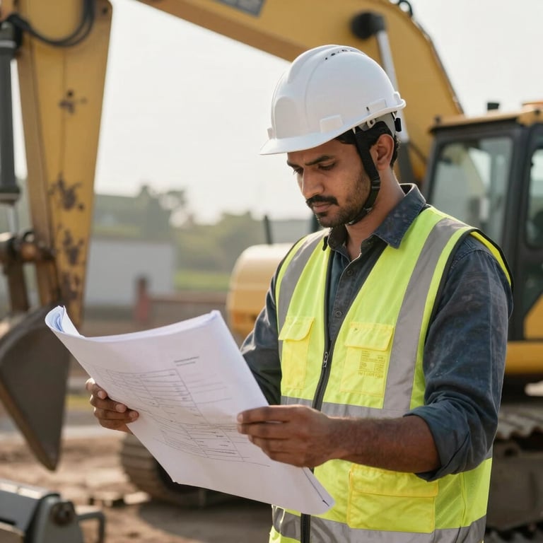 A professional South Asian site engineer in a hard hat and safety gear reviewing blueprints near a heavy machine, morning sunlight, focus on trust and expertise.