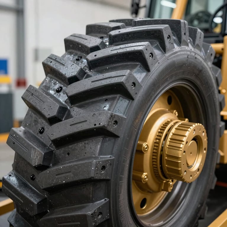 Close up of high-quality industrial hydraulic parts and treads of a construction vehicle, metallic dark gray and gold accents, showing precision engineering.