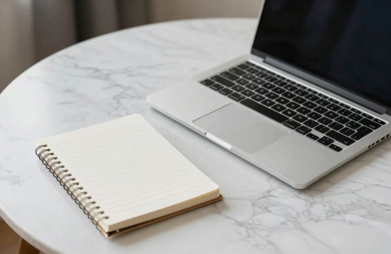 Clean photography of a modern laptop and a minimalist notepad on a white marble desk in a South American / Brazilian designer workspace.