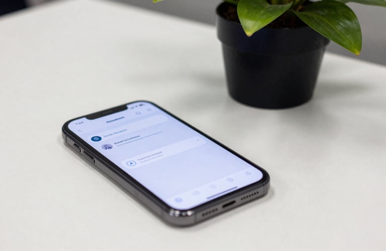 Macro photography of a smartphone screen showing a clean business notification, placed on a white desk next to a modern plant in a South American / Brazilian office.