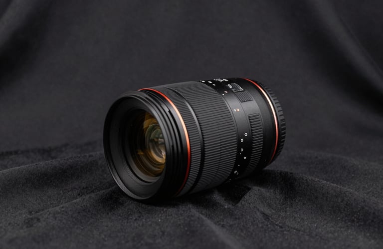 A clean, minimalist photograph of a high-end camera lens resting on a black silk cloth, reflecting soft golden light. Professional photography style in a North American / Global studio context.