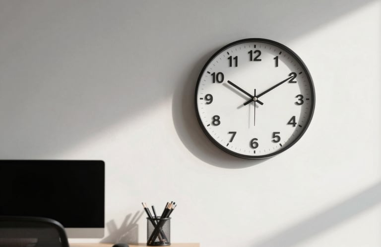 A photograph of a sleek, modern workspace with a minimalist clock on a white wall. The composition is balanced, emphasizing clarity and focus in a North American / Global design.