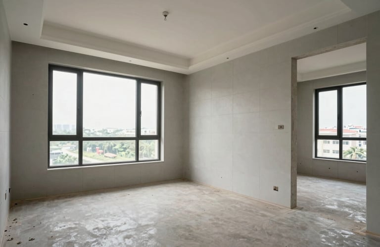 An interior shot of a newly constructed modern apartment in South Asia, featuring elegant tiling, clean walls, and large windows with natural light.