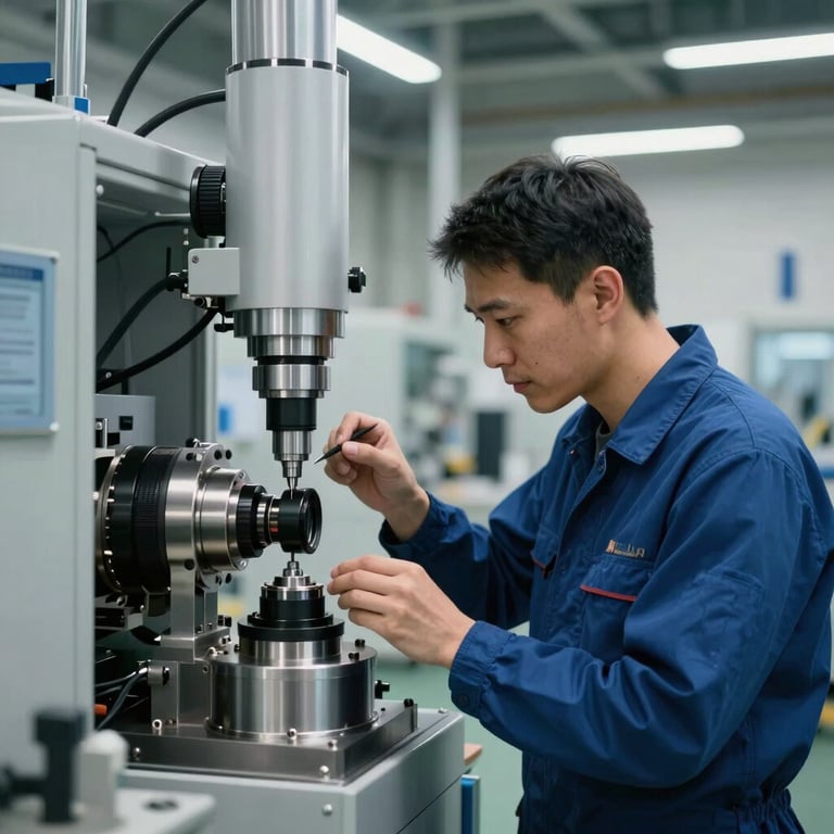 A specialist in a modern European industrial facility inspecting a machinery component with precision, bright and focused professional lighting.