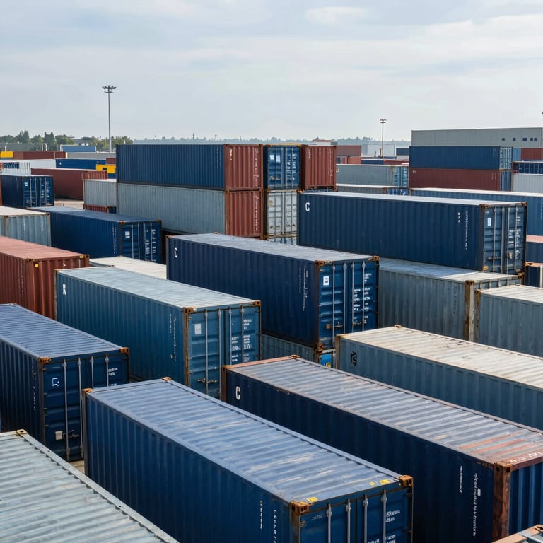 A professional wide-angle photograph of a major British shipping port with rows of steel blue and midnight blue cargo containers, clear daylight.