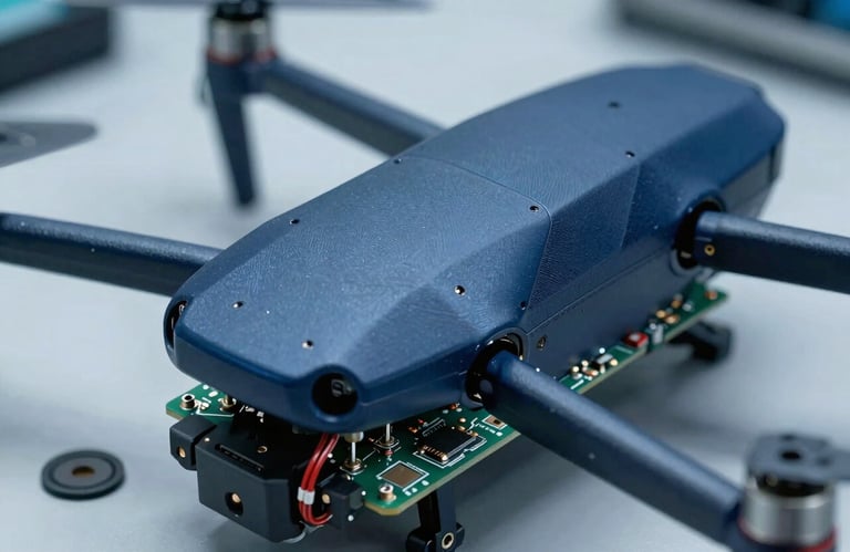 Detailed macro shot of a drone's electronic components and precision wiring, steel blue and dark navy blue tones, modern laboratory setting in a Spanish / Latin American region.