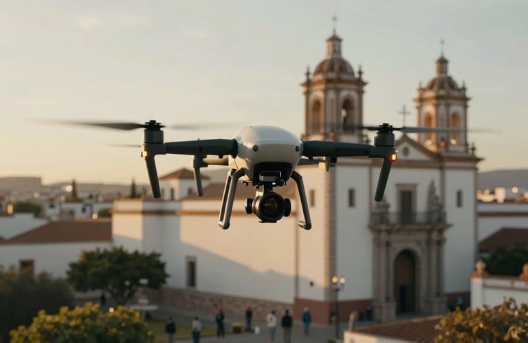 Action shot of a drone capturing a commercial cinematic scene in a Spanish / Latin American heritage site, golden hour lighting, professional crew visible.
