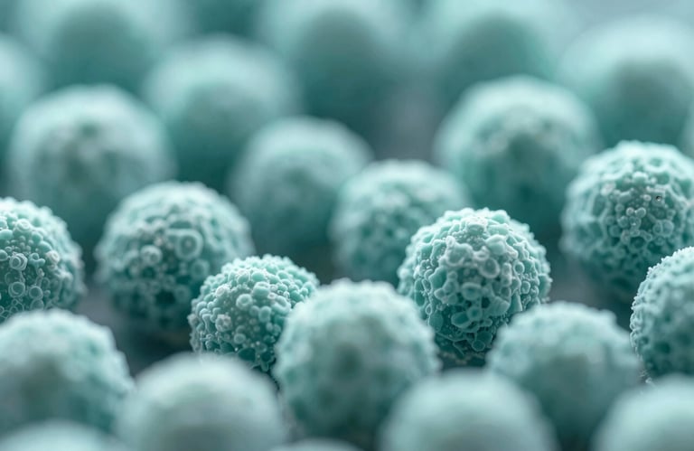 A microscopic visualization of neurotransmitters in a calm, orderly pattern, using soft teal and #AECDCB lighting to suggest safety and pharmaceutical control.