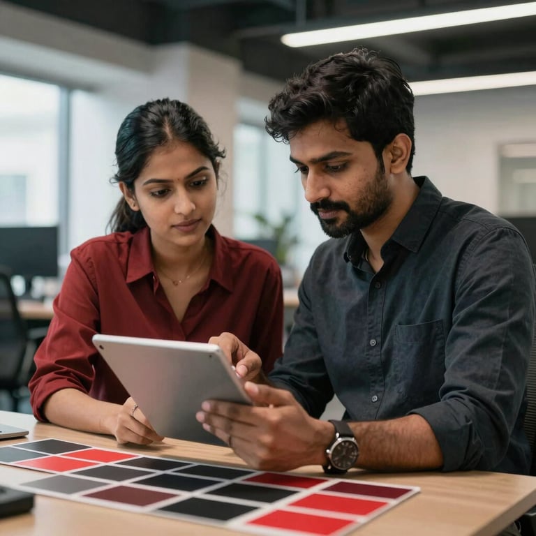 Two colleagues in a modern office in India, looking at a tablet together, discussing brand color palettes with red and matte black themes.