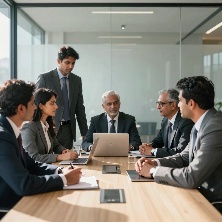 A team of South Asian / Indian professionals in a collaborative meeting inside a glass-walled conference room, dressed in professional business attire, sunlight streaming in.