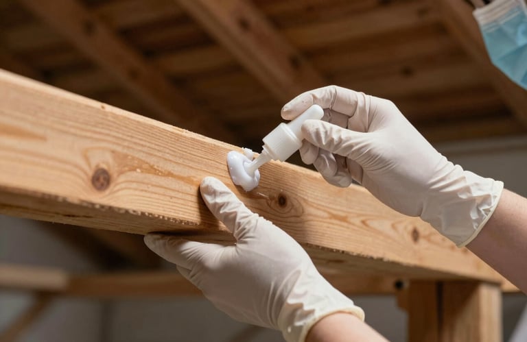 A specialist wearing white gloves carefully applying a protective antimicrobial treatment to a wooden beam in a clean attic space.