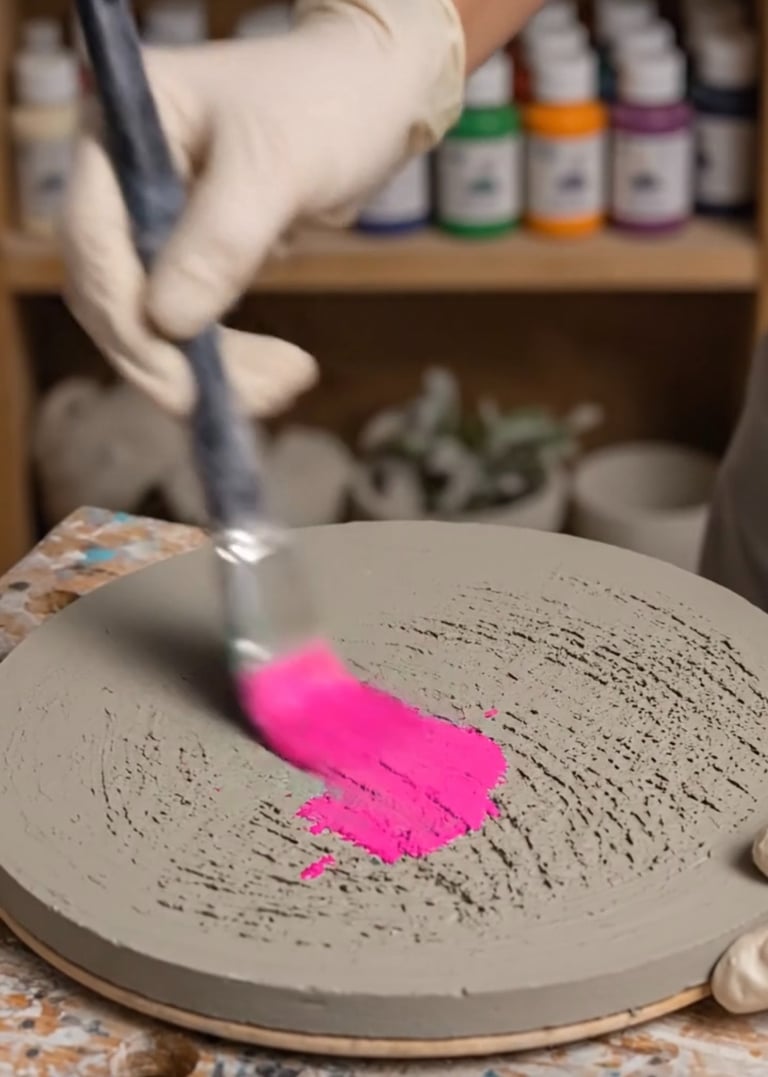  Un artista con guantes aplica pintura acrílica rosa vibrante con un pincel sobre un disco 
