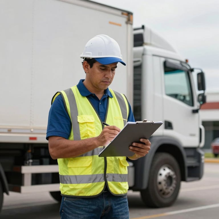 Professional logistics operator in a Latin American setting, wearing safety gear and checking a clipboard near a large delivery truck.