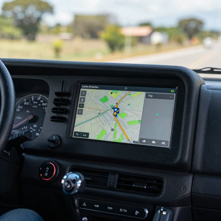 A close-up of a truck driver’s dashboard showing a digital map and tracking software, bright daylight in a Latin American setting.