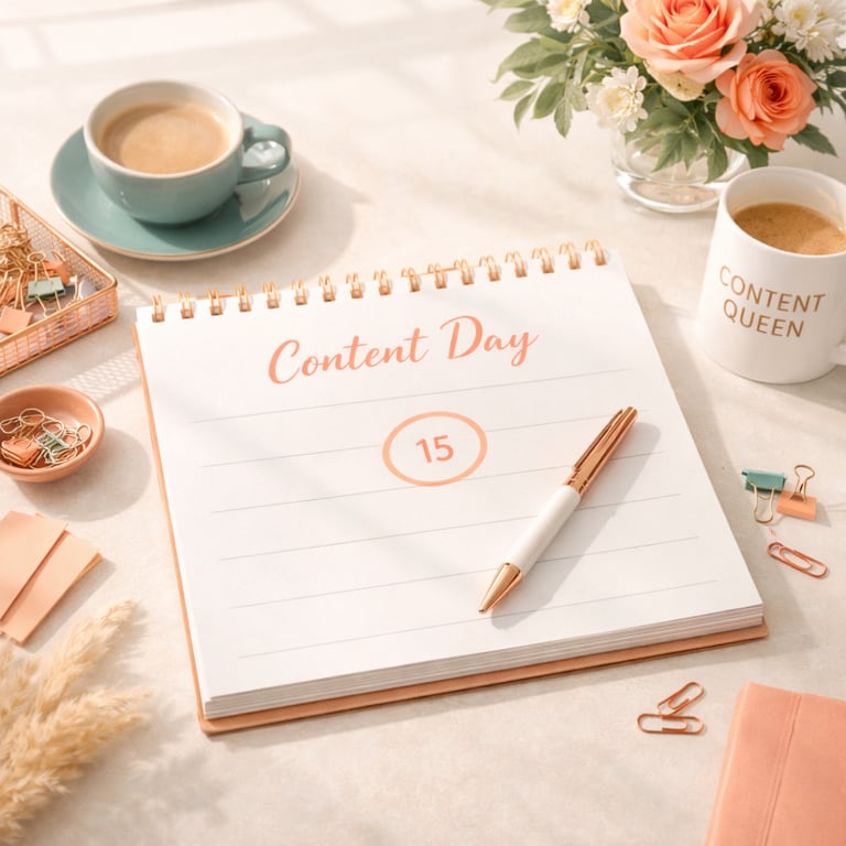 Content day calendar on a desk with a content queen coffee mug