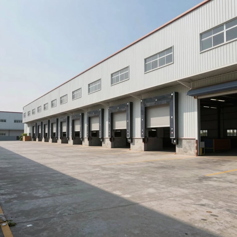 Wide-angle architectural exterior of a modern pre-engineered industrial warehouse with multiple loading docks in Savli, bright daylight, clean concrete driveway, negative space on the left