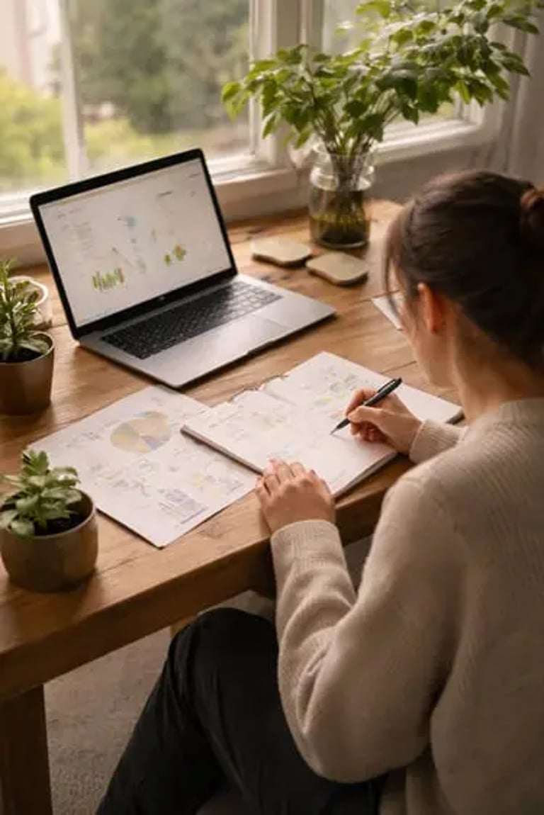 Espace de travail avec notes et café : structuration de projets et outils de réflexion durable créés par ÉcoScriptum.