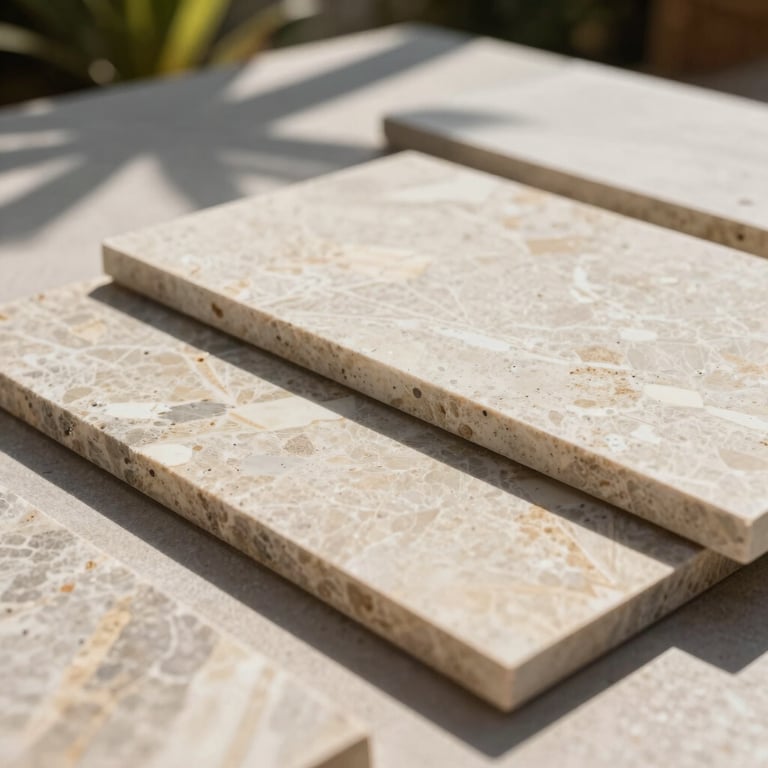 A close-up of premium construction materials, natural stone and elegant tiles on a sunny South American terrace, conveying trust and quality.