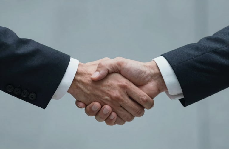 A close-up of two professional hands in formal North American / US attire shaking hands across a Light Gray textured surface. The image conveys trust and a successful business partnership, with the background in soft-focus Muted Blue.