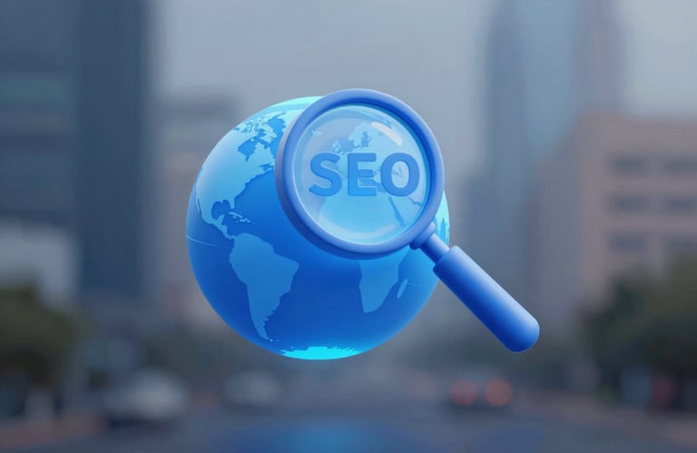A stylized 3D icon of a glowing globe with a magnifying glass hovering over a city, symbolizing local SEO reach. Professional corporate style using #1E3A8A and #4F77CC.
