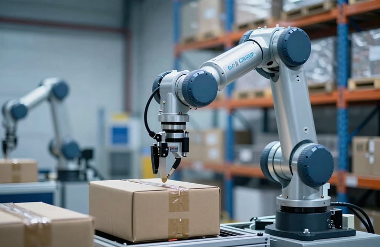 A close-up shot of an automated robotic arm moving a package in a high-tech logistics warehouse, professional lighting in shades of medium blue and silver, global international standard facility.
