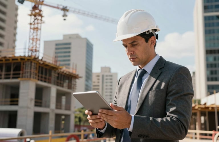An architect in professional attire wearing a white hard hat, inspecting a high-end construction site in South America / Brazilian urban area, holding a digital tablet, focused and professional.