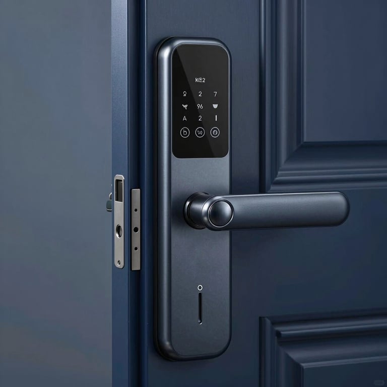Macro photography of a high-tech smart lock mechanism integrated into a matte navy steel door frame, clean modern look.
