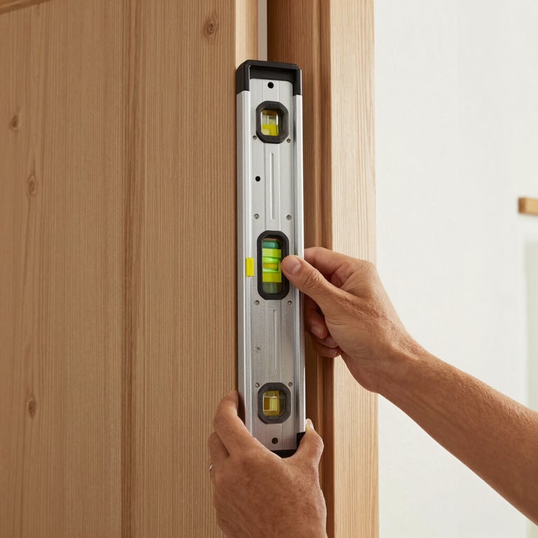 A specialist's hands using a spirit level tool on a modern light oak wood door frame in a North American home interior.