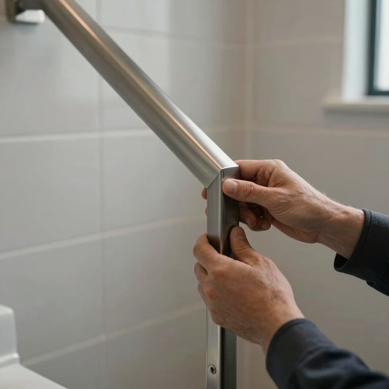 A professional installer securing a modern metal handrail in a bathroom modification. Close-up on the quality materials, North American / US residential construction style.