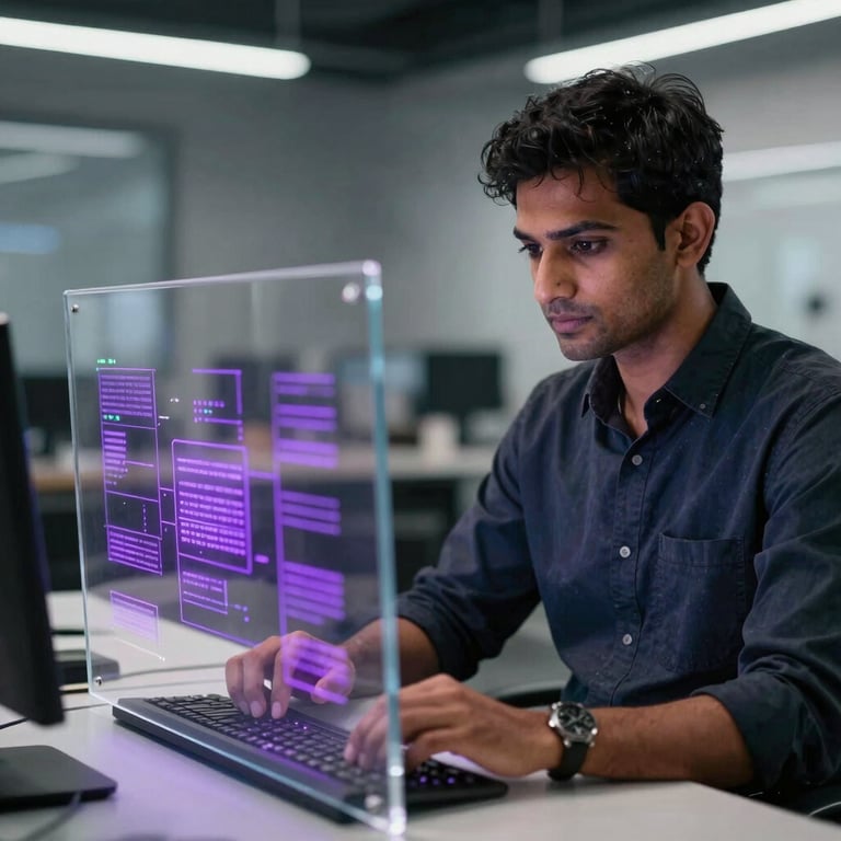 A professional South Asian creative collaborator in a futuristic workspace using a transparent glass screen with glowing purple data points.