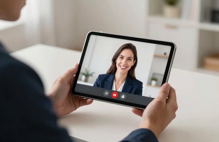 Hands of a financial consultant holding a tablet during a remote video conference, professional attire, North American / US interior, Off-white and Dark Blue theme.